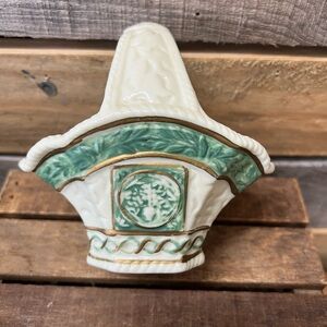 Vintqge Cream and Green Ceramic Basket Decor